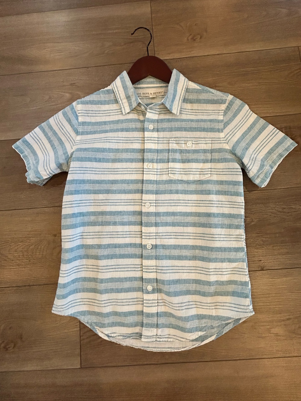 Hope & Henry Boys Blue White Striped Linen Blend Button Shirt